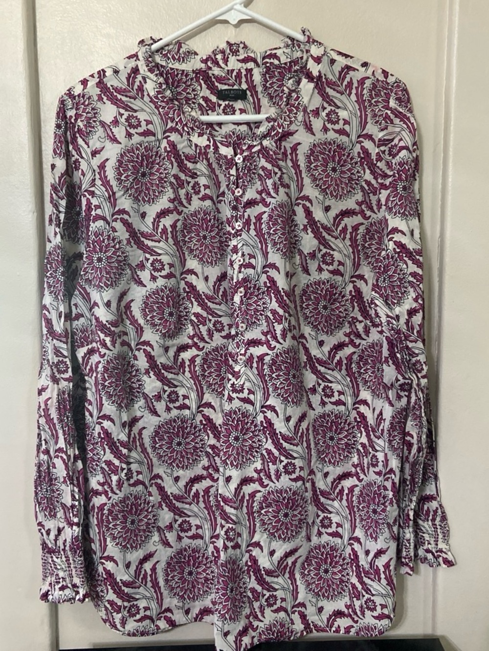 Talbots White Blouse with purplish Floral Print